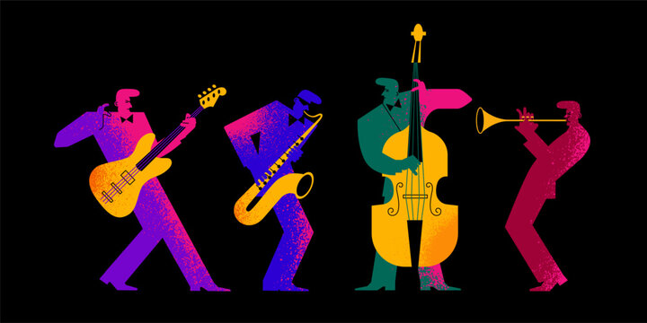 set of multicolored musicians with a texture on a black background. abstract textured silhouettes of musicians with musical instruments. stock vector illustration. EPS 10.
