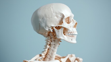 A side view of a human skull and neck vertebrae model, illustrating anatomical features.