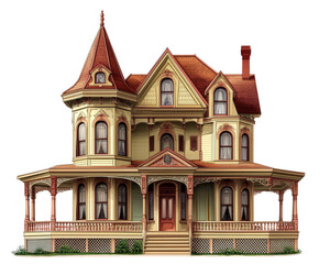 Fototapeta premium Victorian style mansion with intricate architecture, featuring turret, wraparound porch, and detailed woodwork. This historical house design showcases elegance and charm