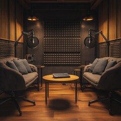 High-end podcast room with luxury materials custom-made furniture and professional setup