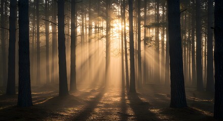 Obraz premium Sunbeams Through Misty Forest Landscape Photography