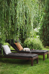 wooden loungers (deck chairs) under willow tree in summer private cottage ornamental garden