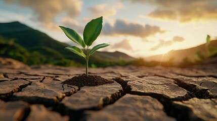 Climate change global warming idea. A resilient plant grows in cracked soil under a beautiful sunset backdrop.
