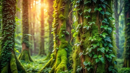 Overgrown foliage with vines and moss covering ancient tree trunks, soft focus background , tree trunk, soft focus