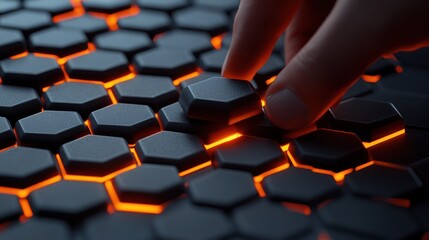 Obraz premium Hand pressing glowing hexagonal tech surface
