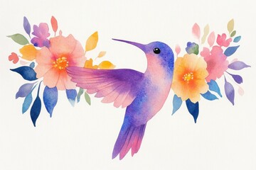 Fototapeta premium Colorful watercolor illustration of a hummingbird surrounded by vibrant flowers in shades of pink, purple, and blue, ideal for nature themed decoration and designs