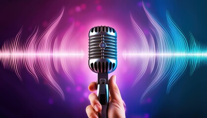 Voice of power. Hand holding a vintage microphone with glowing sound waves