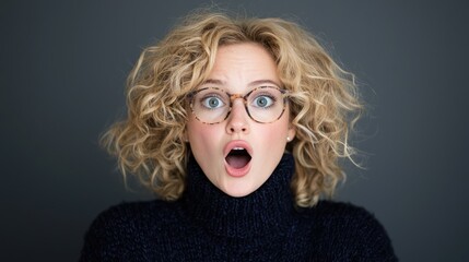 A surprised woman with curly hair and glasses expressing shock or amazement.