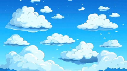 Fluffy clouds float across a bright blue sky, idyllic background for design