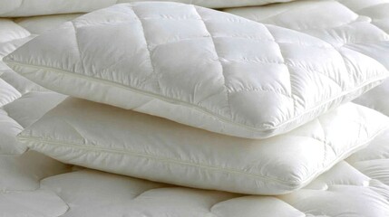 Two stacked white quilted pillows on a mattress surface.