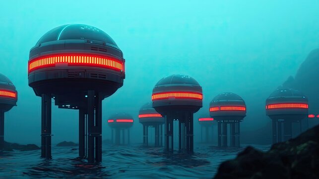Climate change global warming idea. Futuristic underwater structures illuminated with vibrant lights in a serene ocean setting.