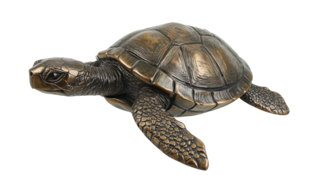 Bronze sea turtle sculpture swimming with transparent background