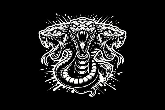 Scary snake head with splash Black And White Design On Black Background