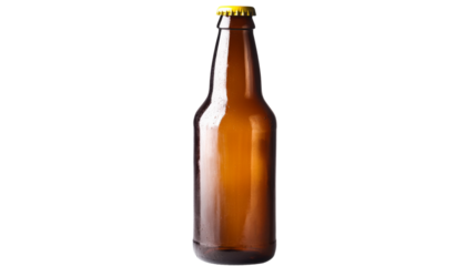 Brown beer bottle with yellow cap on transparent background