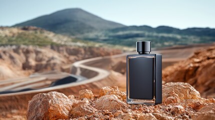 A sleek perfume bottle set against a rugged landscape, highlighting luxury and nature.