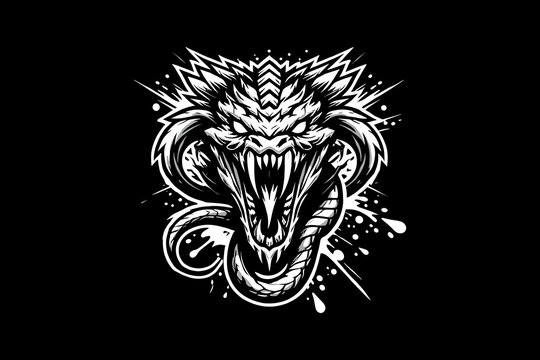 Scary snake head with splash Black And White Design On Black Background