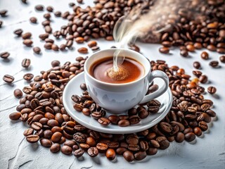 Fototapeta premium White background showcases a coffee cup brimming with beans, promising a morning energy boost.