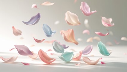 Pastel Flower Petals Falling and Floating on a Light Background with Soft Shadows