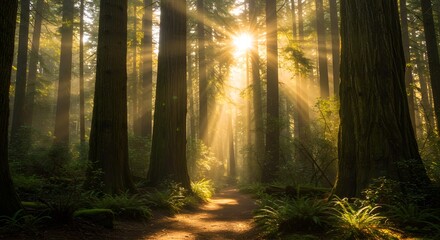 Obraz premium Sunbeams Through Redwood Forest Path Magical Nature Photography