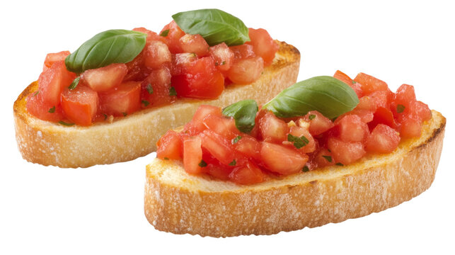 Two bruschette with tomatoes and basil on transparent background