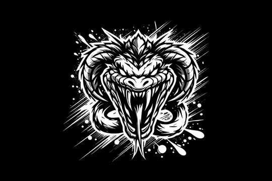 Scary snake head with splash Black And White Design On Black Background