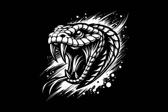 Scary snake head with splash Black And White Design On Black Background