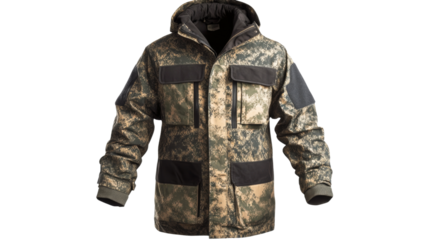 Camouflage winter jacket isolated on transparent background featuring multiple pockets and hood