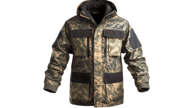 Camouflage winter jacket isolated on transparent background featuring multiple pockets and hood