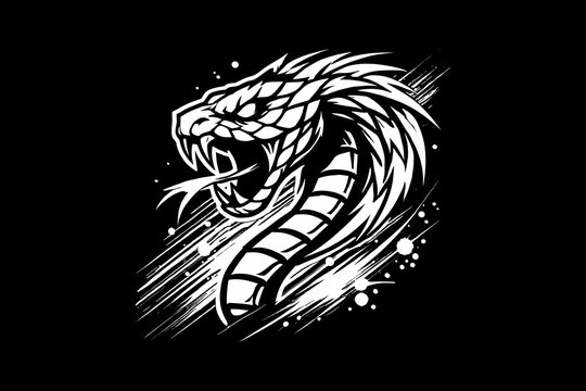 Scary snake head with splash Black And White Design On Black Background