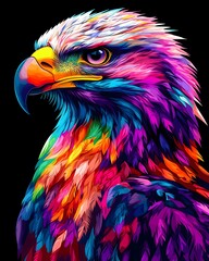 Fototapeta premium Vibrant neon colored portrait of an eagle isolated on a black background