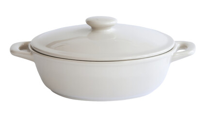 White ceramic casserole dish with lid on transparent background