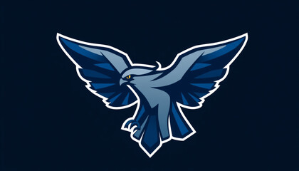 Obraz premium A dark blue hawk with an aggressive look, spread wings, and sharp details, designed as a sports team logo on a dark background representing power, speed, and dominance.