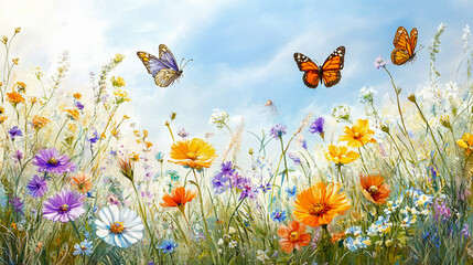 A vivid meadow filled with colorful wildflowers, fluttering butterflies, and a gentle breeze beneath a soft blue sky © Monayem Khan