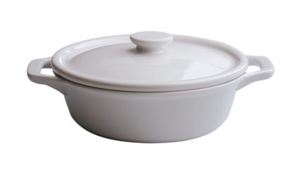 White ceramic casserole dish with lid on transparent background