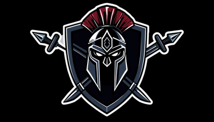 A dark knight helmet with red accents and crossed swords, symbolizing power, honor, and battle, designed as a fierce and bold gaming or sports team emblem on a dark background.