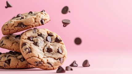 Obraz premium A stack of chocolate chip cookies with chocolate chips scattered against a pink background.