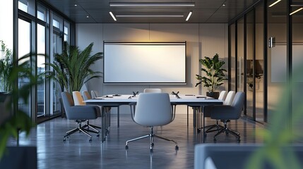 A high-resolution D render of a meeting room with a whiteboard, stylish chairs, and corporate branding elements.