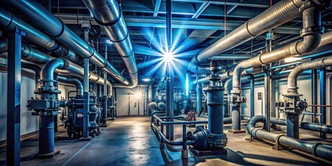 Fototapeta premium Flashlight beam illuminates complex network of pipes and pumps in a basement storage room , illumination, sump