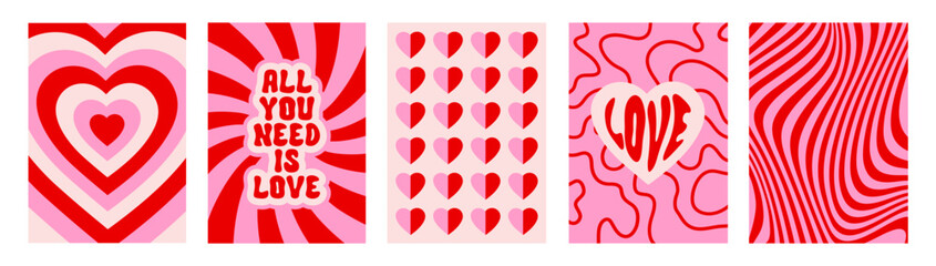 Creative groovy romantic set vertical backgrounds in style retro. Happy Valentines day greeting card. Vector illustration. Pink, beige and red colors