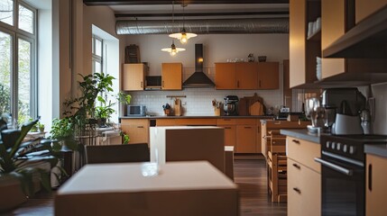 A kitchen filled with moving boxes, kitchenware packed inside, awaiting to be transferred.