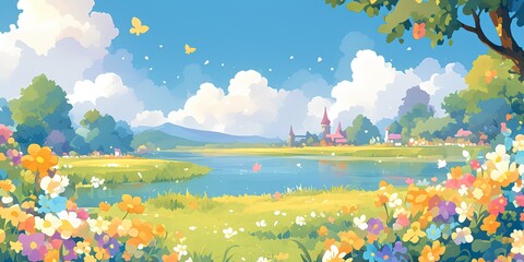 Landscape children drawing illustration