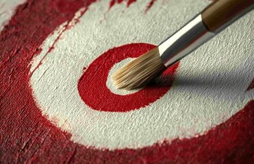 Artistic close up of a paintbrush applying red paint to a textured white canvas, showcasing...