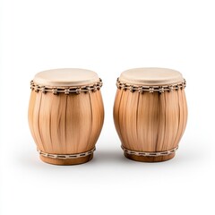Two Traditional Wooden Drums with Natural Finish on White Background for Music and Cultural Themes