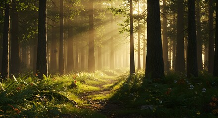 Fototapeta premium Sunlit Forest Path Landscape Peaceful Nature Scene
