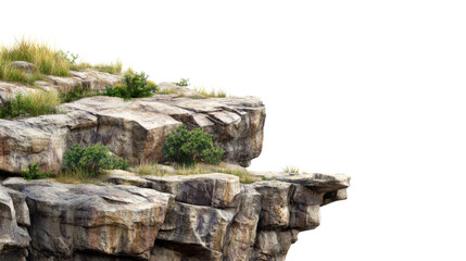 Rocky cliff face with sparse vegetation on transparent background