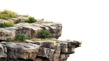 Rocky cliff face with sparse vegetation on transparent background