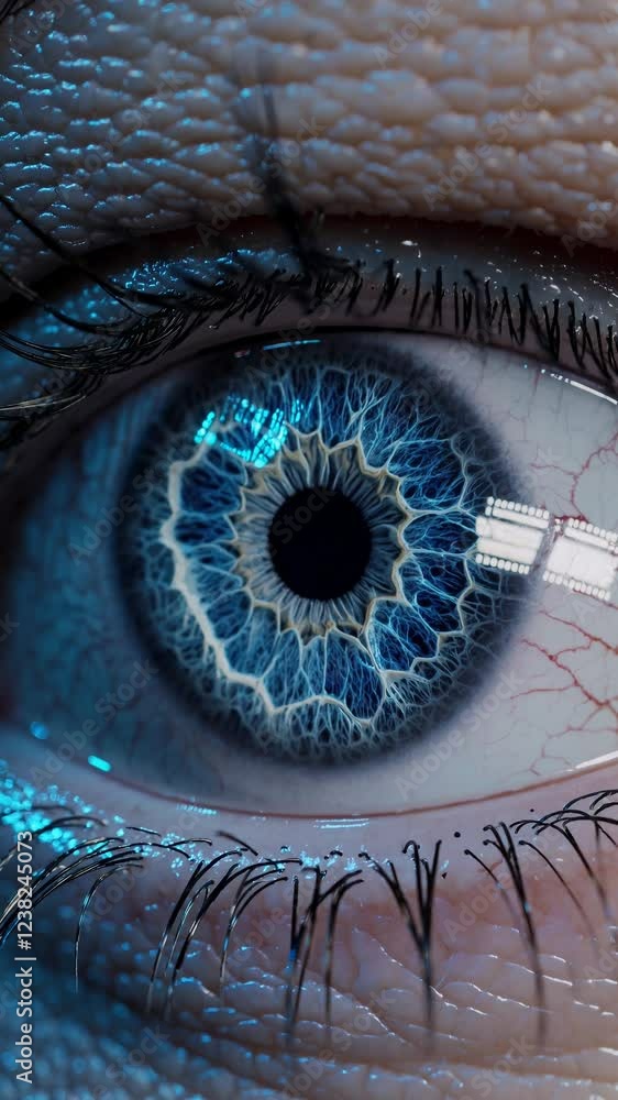 Aufkleber an angled close-up focusing on the metallic-like texture and faint digital grid within the blue eye,
