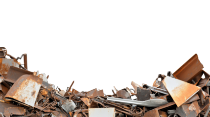 Pile of rusty scrap metal on transparent background for industrial recycling