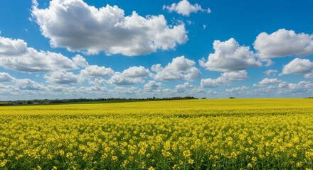 Obraz premium Vibrant Yellow Rapeseed Field Under a Sunny Sky