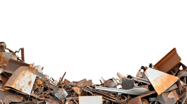 Pile of rusty scrap metal on transparent background for industrial recycling